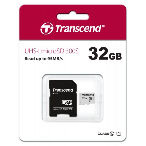 Transcend 32GB Micro SD UHS-I U1-Class-10-Memory Card with Adapter (TS32GUSD300S-A)-IOSBD