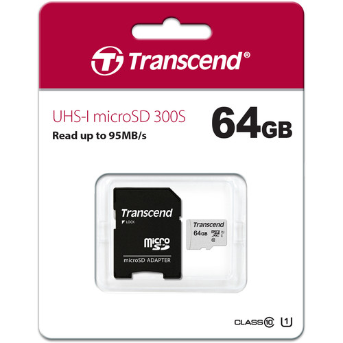 Transcend 64GB Micro SD UHS-I U1 Memory Card with Adapter (TS64GUSD300S-A)-IOSBD
